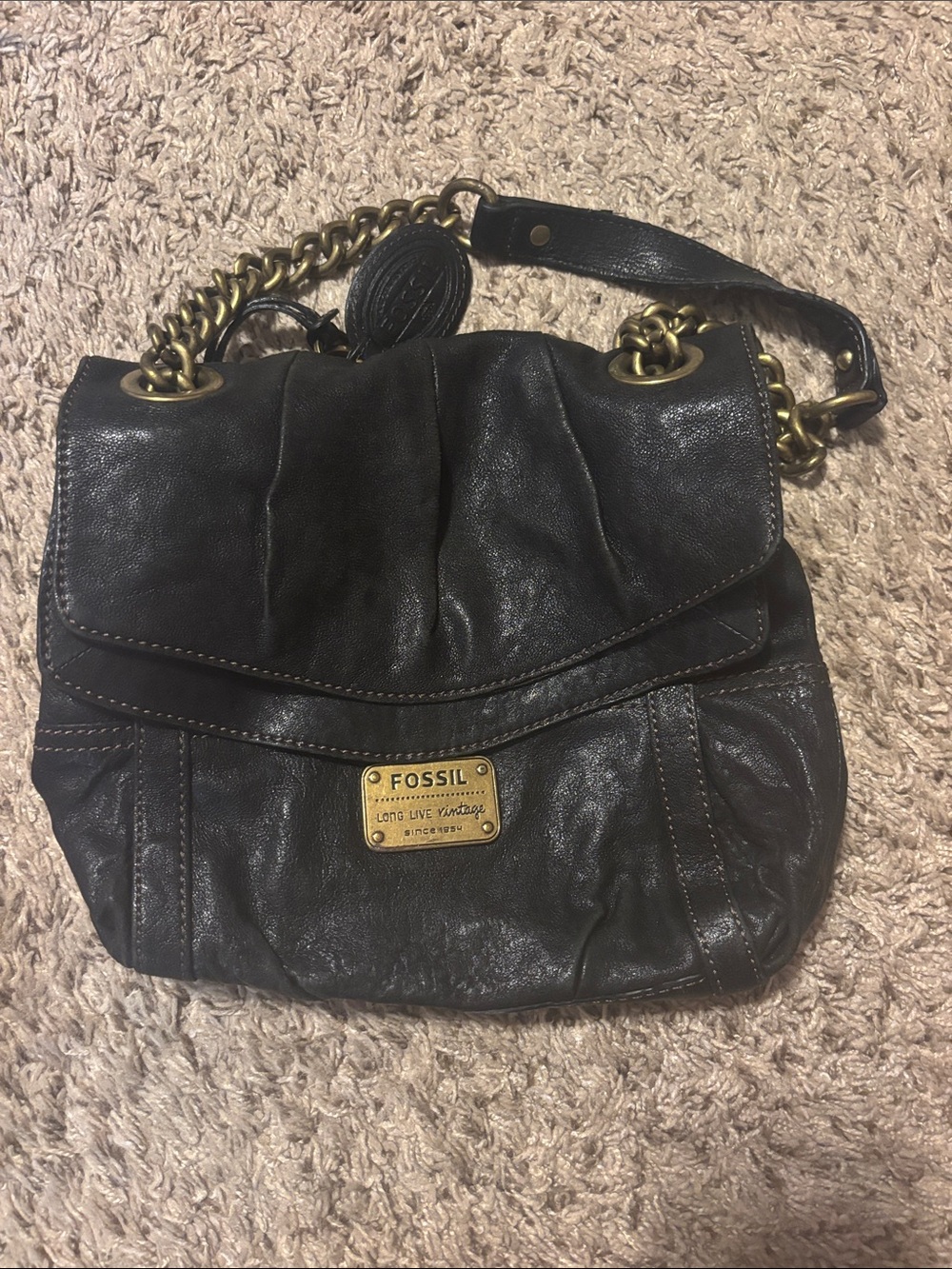 Fossil Black Leather Shoulder Bag with Gold Chain Detail